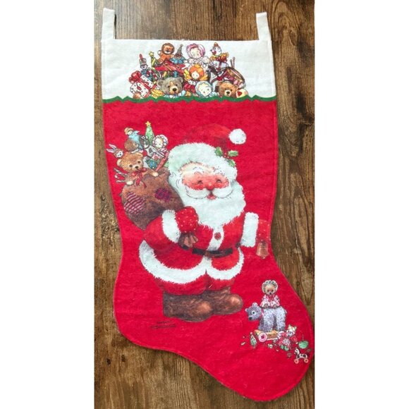 VTG Giordano 1990 Felt Christmas Stocking Jolly Santa Sack of Presents Gifts Red - Picture 1 of 8